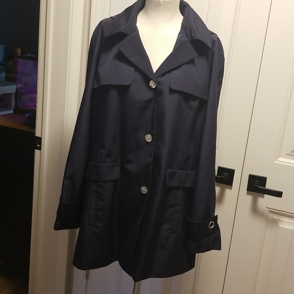 Calvin Klein Navy Hooded Trench Belt Detail Silver Tone Hardware Womens Size L